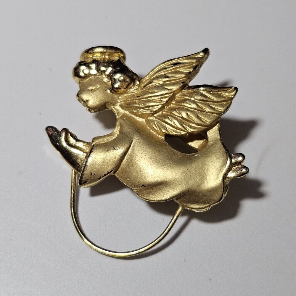Gold Tone Vintage Flying Angel Brooch Glasses Holder Scarf Loop